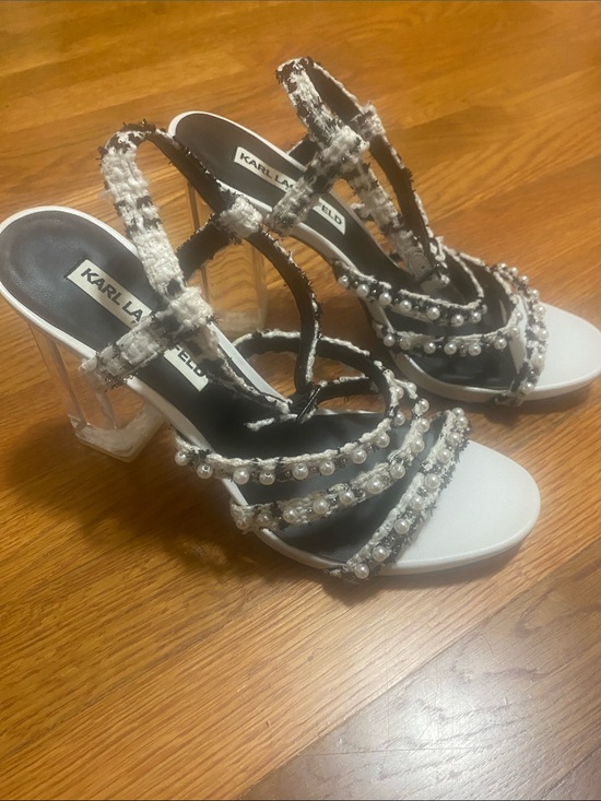 Karl Lagerfeld Shoes - Karl Lagerfeld Black & White Pearl-Accented Tweed Strappy Heels